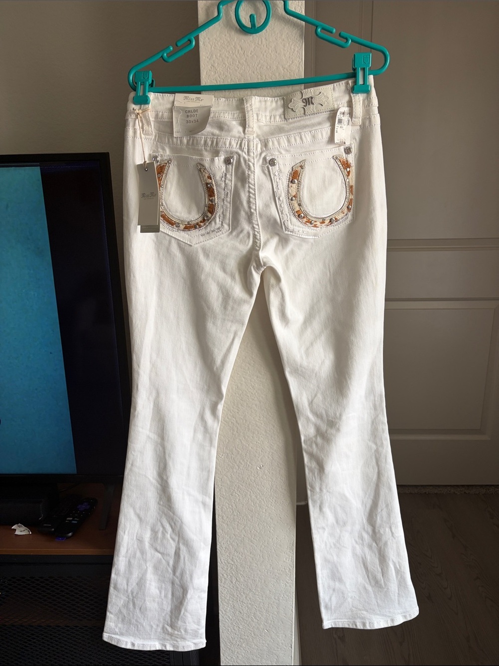 Miss Me White Flare Jeans with Beaded Pocket Accents